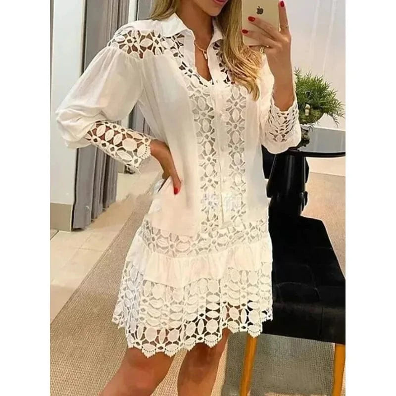 RNSHANGER Spring Summer Long Sleeve For Women Dresses Solid Color Lace Splicing Fashion Cutout Shirt Elegant Female Sexy Dress