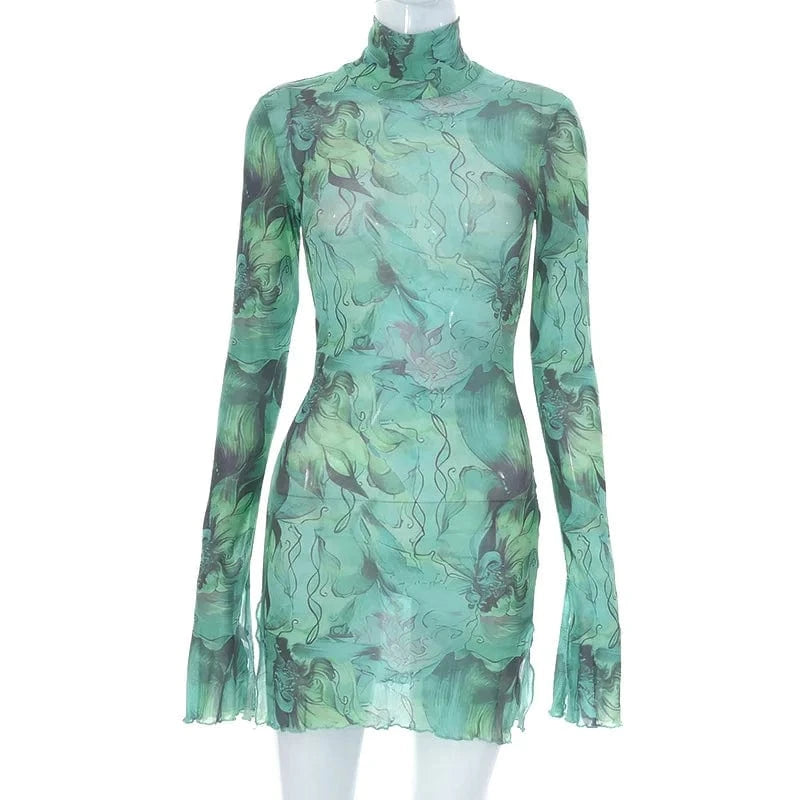 RNSHANGER Summer Women Dress Casual Floral Printed Turtleneck Flare Long Sleeve Chiffon Dresses for Ladies