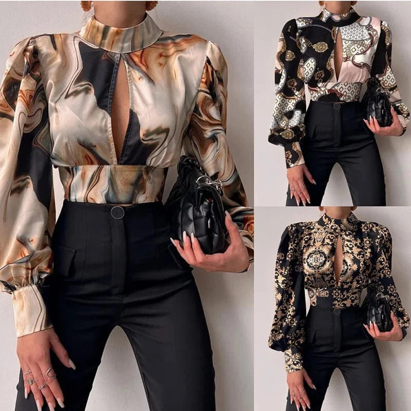 RNSHANGER Women Sexy Backless Hollow Print Shirts Fashion Party Crop Top Spring Casual Stand Long Sleeve Office Lady Blouses