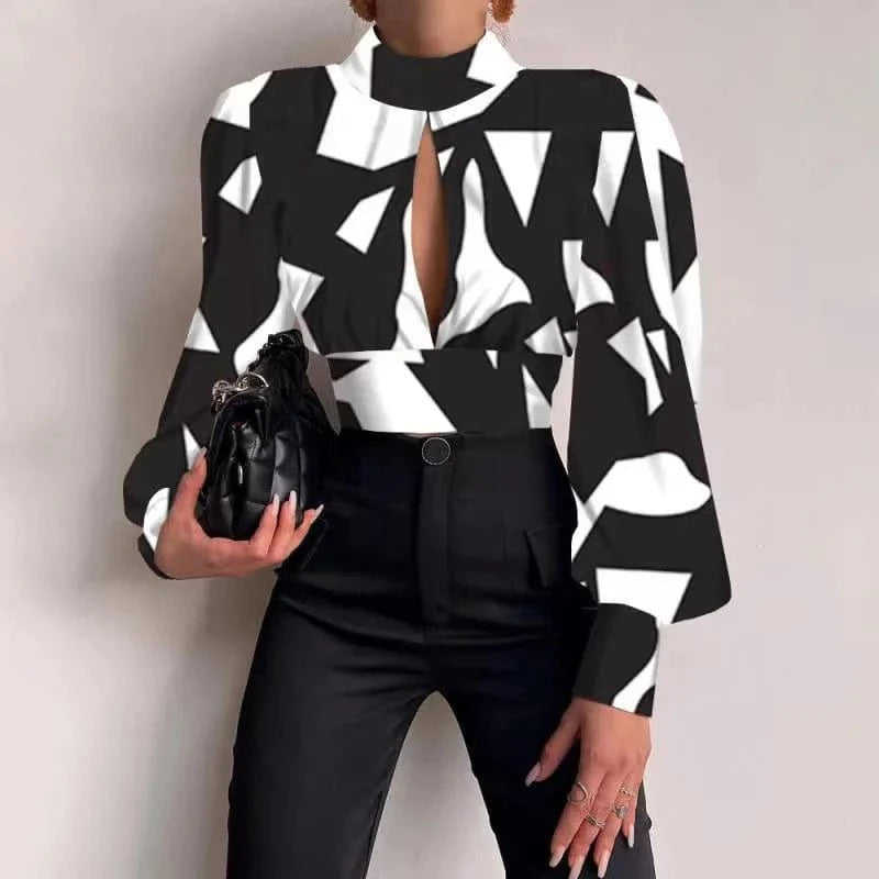 RNSHANGER Women Sexy Backless Hollow Print Shirts Fashion Party Crop Top Spring Casual Stand Long Sleeve Office Lady Blouses