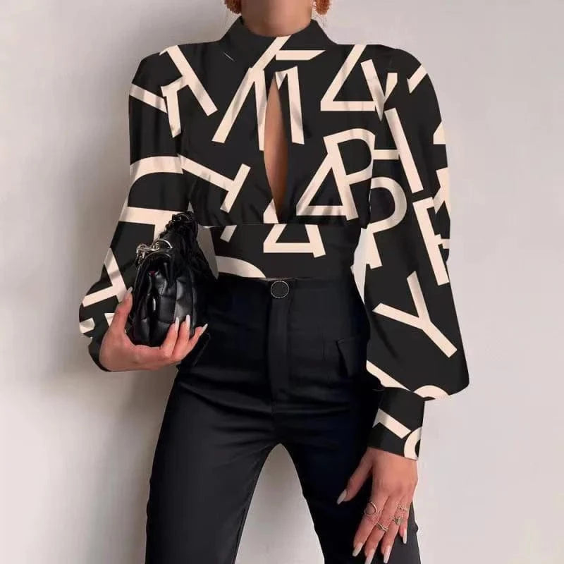 RNSHANGER Women Sexy Backless Hollow Print Shirts Fashion Party Crop Top Spring Casual Stand Long Sleeve Office Lady Blouses