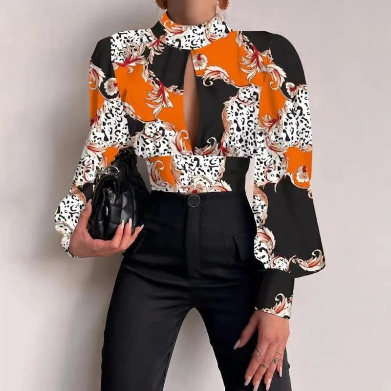 RNSHANGER Women Sexy Backless Hollow Print Shirts Fashion Party Crop Top Spring Casual Stand Long Sleeve Office Lady Blouses