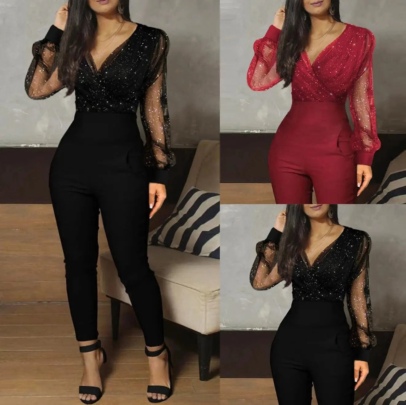Rompers Womens Jumpsuit Black Elegant Sequins Mesh Glitter Party Night Sexy Long Pants One Piece Overalls Autumn Long Sleeve