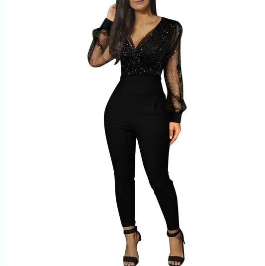 Rompers Womens Jumpsuit Black Elegant Sequins Mesh Glitter Party Night Sexy Long Pants One Piece Overalls Autumn Long Sleeve