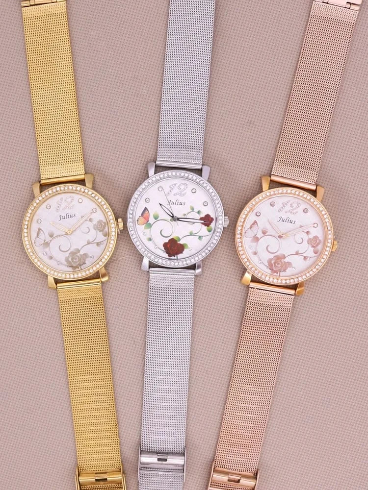 Rose Flower Japan Quartz Lady Women's Watch Elegant Lattice Fashion Hour Bracelet Elastic Watch Band Girl's Gift Julius No Box