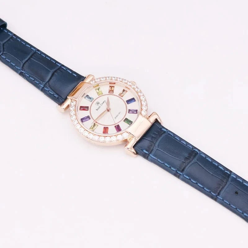 Rose Gold Blue Prong Setting Luxury Clock Lady Women's Watch Fashion Hours Bracelet Colorful Rhinestone Girl Birthday Gift Royal Crown Box