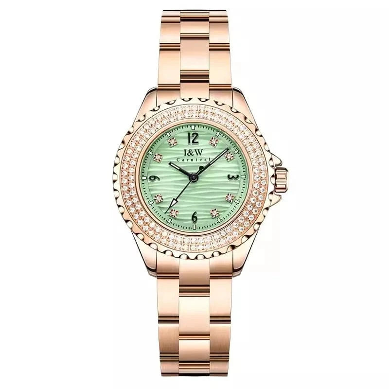 Rose Gold Green CARNIVAL Woman Fashion Quartz Wristwatches Ladies Brand Luxury Rose Gold Silver Watches Waterproof for Women Relojes De Mujer