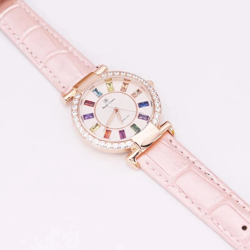 Rose Gold Pink Prong Setting Luxury Clock Lady Women's Watch Fashion Hours Bracelet Colorful Rhinestone Girl Birthday Gift Royal Crown Box