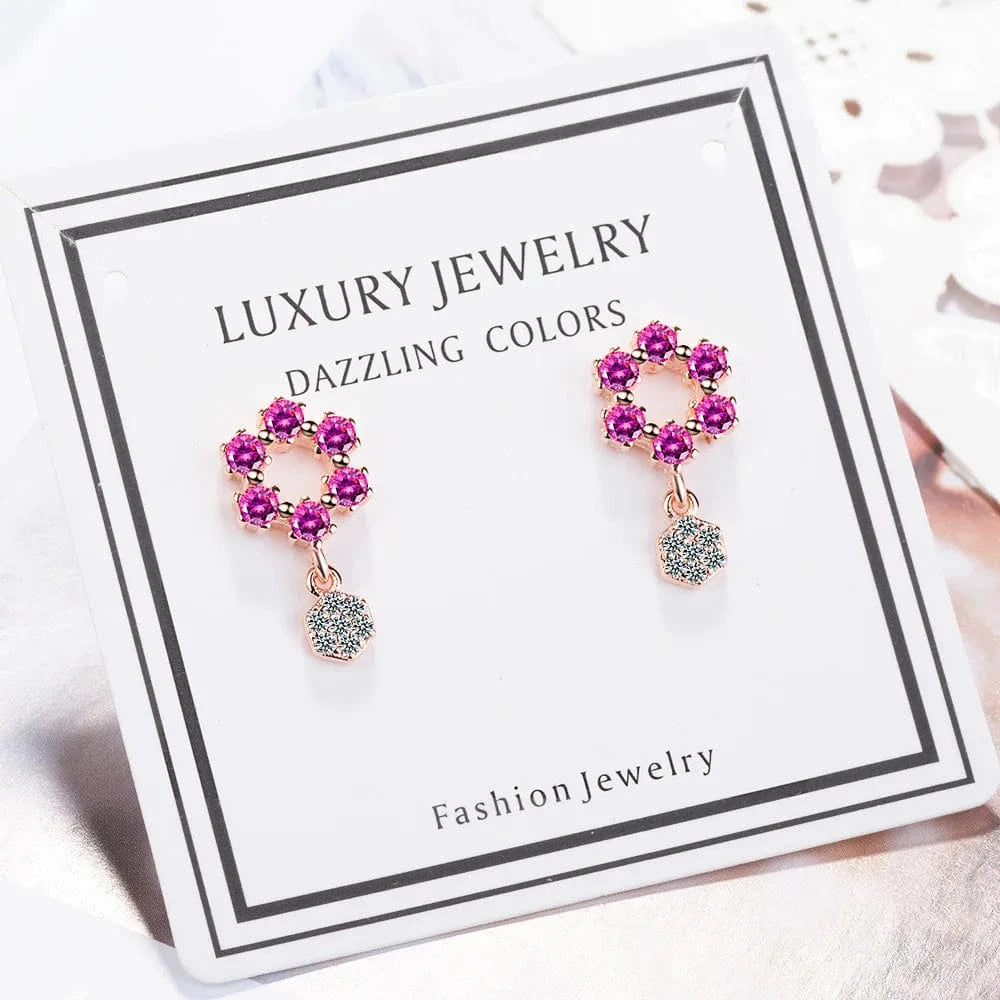 Rose Gold Refined Chic Dainty Women Drop Earrings Color Geometric Gems Jewelry Double Hollow Hexagon Earring