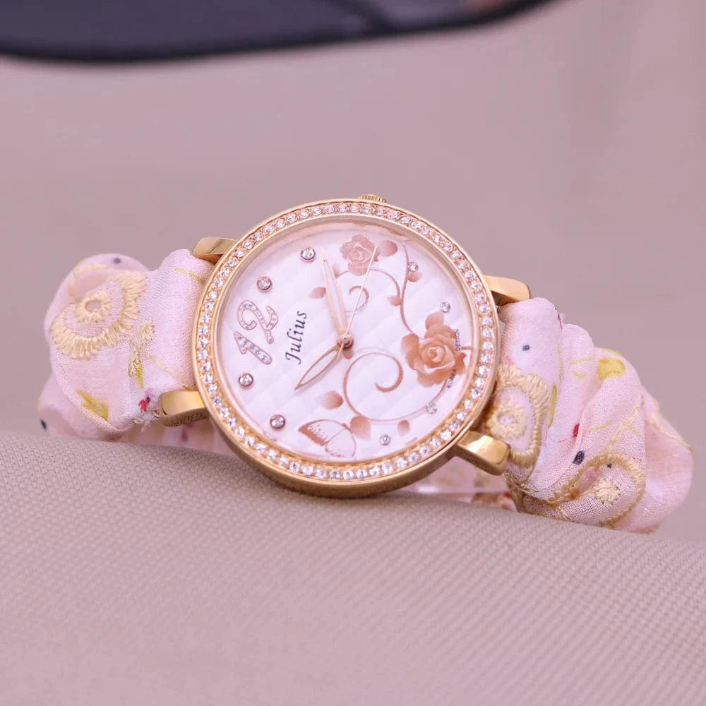 Rose Gold Rose Flower Japan Quartz Lady Women's Watch Elegant Lattice Fashion Hour Bracelet Elastic Watch Band Girl's Gift Julius No Box