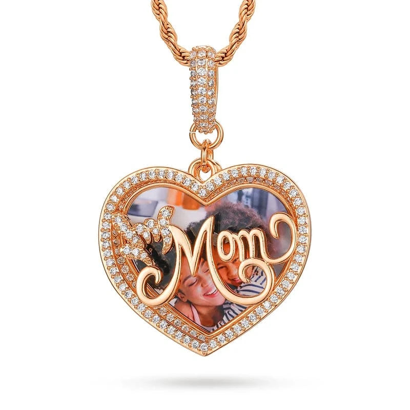 Rose Gold Sublimation Jewelry Punk Men Women Iced Out MOM Heart Custom Photo Memory Pendant Necklace With Gift Box