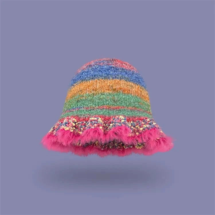 Rose red 2024 New Retro Color Striped Oil Painting Style Bucket Hats Women Autumn and Winter Japanese Literary Fashion Warm Knitted Caps