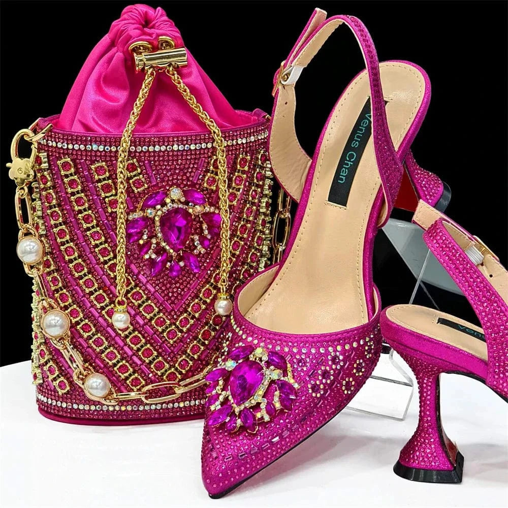 rose red / 40 Turkey African Italian Luxury Fashion Party Ladies Shoes Set Women Matching Bag for Women