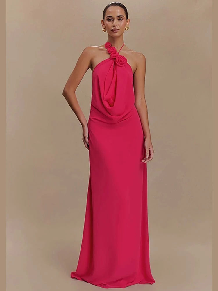 Rose red / L / CHINA Women's Elegant Mint Green Halter Neck Maxi Dress Rose Embellishment Flowy Silhouette High-quality Fabric for Prom Evening Party