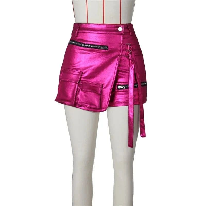 Rose Red / L Shiny Metallic Irregular Shorts Skirts Women Y2K Clothing High Waist Button Fly Pockets Zipper Party Club Birthday Short Mujer