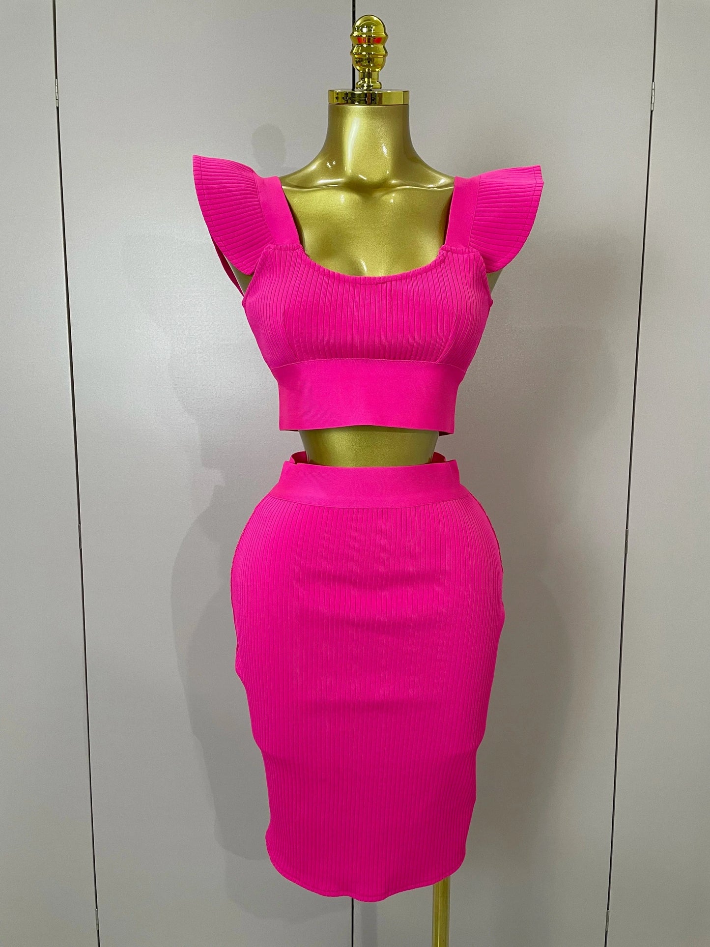 Rose Red / M Women 2025 New Sexy Backless Ruffles Red Bandage Two Pices Set 2025 Celebrity Evening Elegance Birthday Party Dress