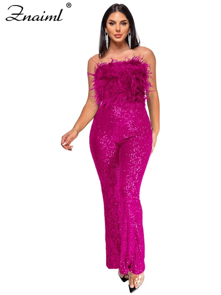Rose Red / M Znaiml New Luxury Sequins Jumpsuit with Colorful Feathers Sleeveless Shiny Dress Women's Evening Birathday One Pieces Rompers
