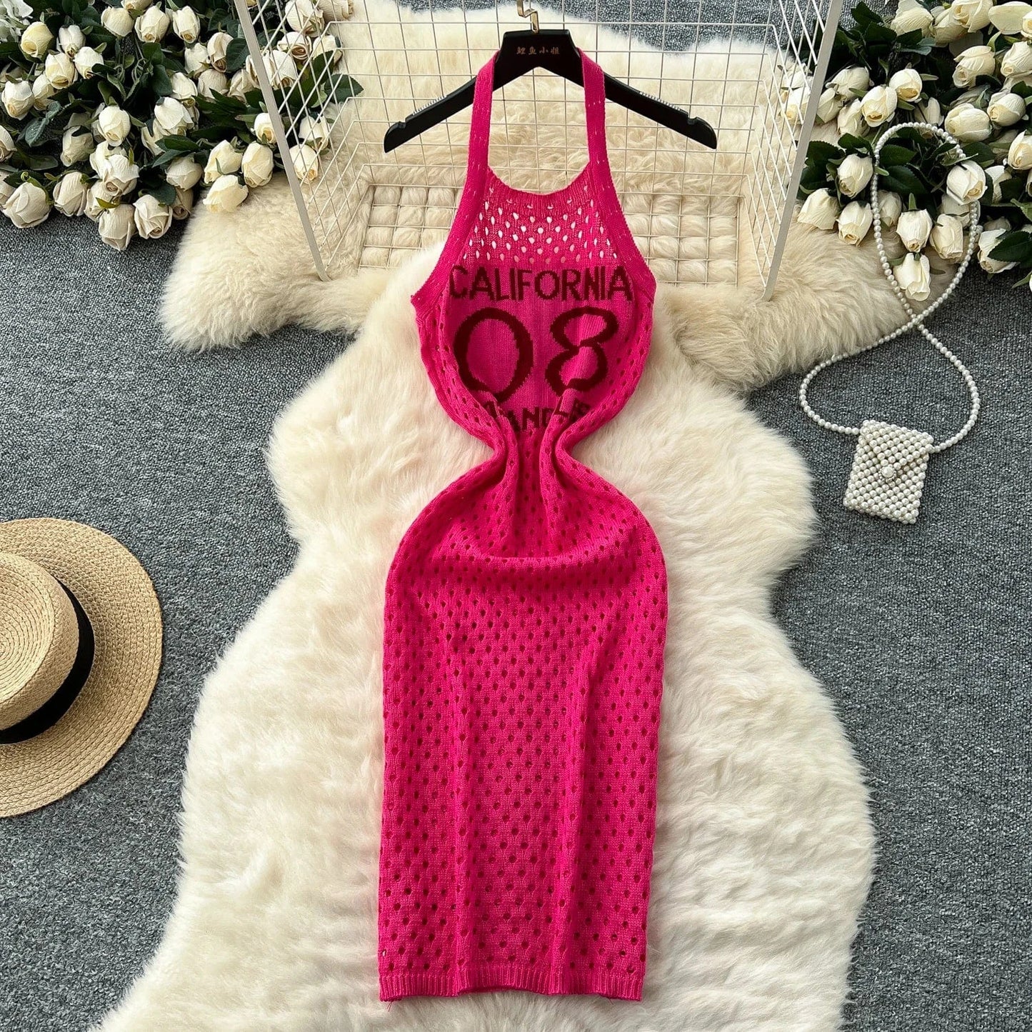 Rose Red / One Size YuooMuoo Women Dress 2025 Summer Ins Hot Letter Print Halter Knitted Beach Dress Chic Fashion Sexy Wrap Hip Streetwear Vestidos