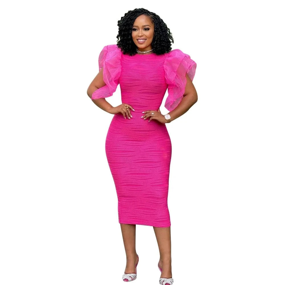 Rose Red / S CM.YAYA Women Ruffles Short Sleeve O-neck Striped Knee Length Dress Street Vestidos Sexy Night Club Party Evening Chic Dresses