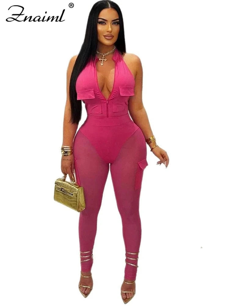 rose red sets / L Znaiml Women's Two 2 Piece Pants Sets Sexy Deep V-neck Halter Sleeveless Backless Pocket Tops and Mesh Trousers Night Club Suit