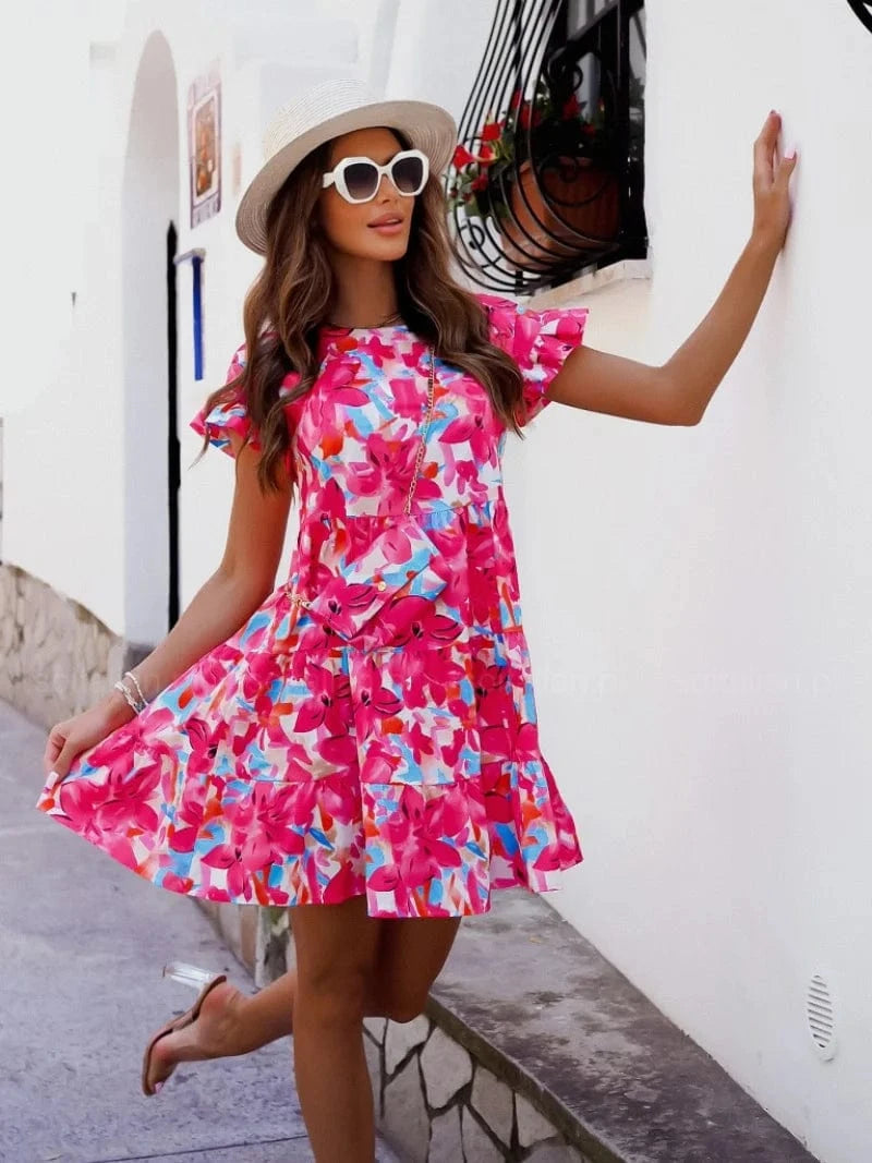 Rose Red / XL Fashion Women Summer Print A-Line Dress Patchwork Design Ruffles Decor O-Neck Flare Sleeve Mid Waist Slim Mini Dress