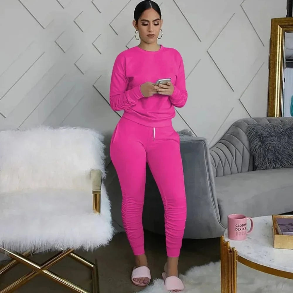 Rose Red / XXL New round Neck Long Sleeve Slim Fit Warm Top Elastic Waistband Lace-up Trousers Simple Solid Color Sports Two-Piece Set