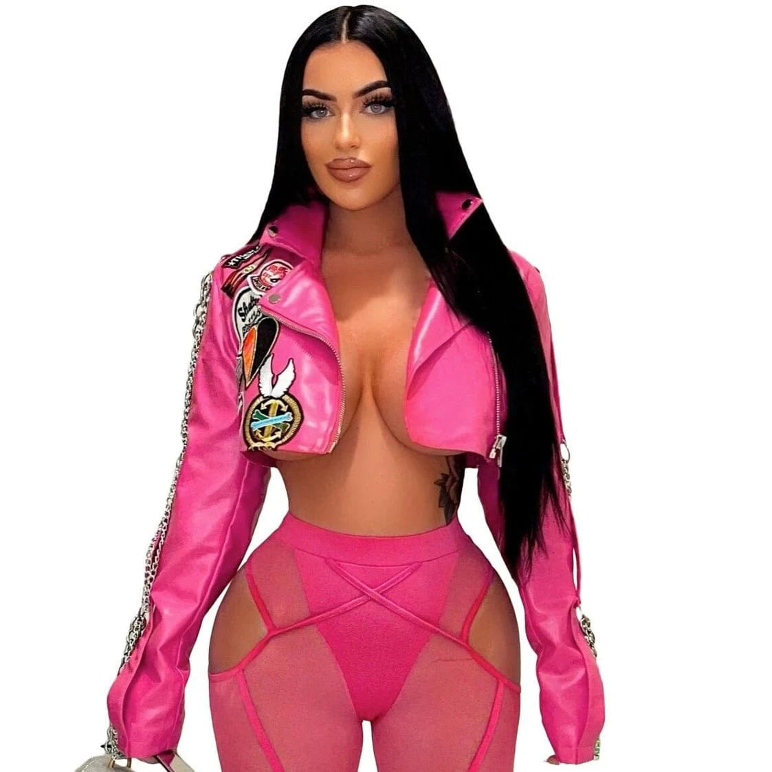 rose / XL FAGADOER Y2K Rose Pink Leather Jacket Women Punk Moto Coat Lapel Chain Patchwork Cropped Jackets Hot Girl Autumn Winter Outwear