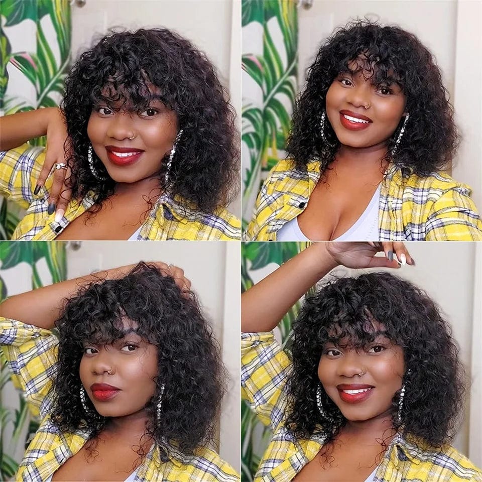 Ross Pretty wholesale cheap price virgin hair fringe wig machine made kinky curly bang human hair wigs