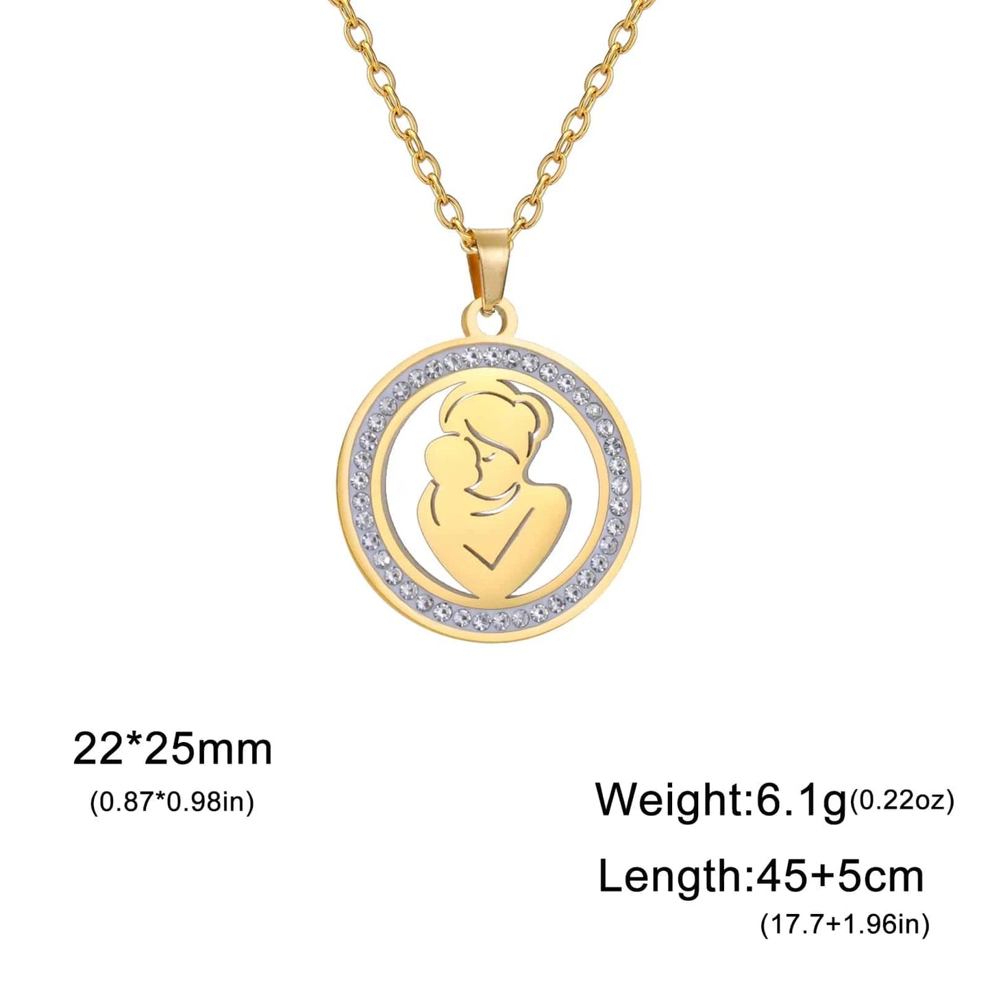 Round Necklace / ASS2023113008-G Myshape Family Mom Kid Baby Round Pendant Necklace Stainless Steel Gold Color Clear Zircon Chain Jewelry Mother's Day Gift 2024