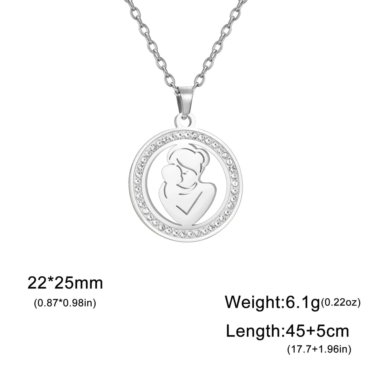 Round Necklace / ASS2023113008-S Myshape Family Mom Kid Baby Round Pendant Necklace Stainless Steel Gold Color Clear Zircon Chain Jewelry Mother's Day Gift 2024