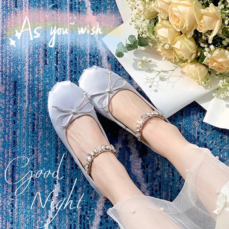 Round toe flat bottom ballet shoes super soft women shoes 2023 large size 43 rhinestone satin bowknot daily Mary Jane Flats