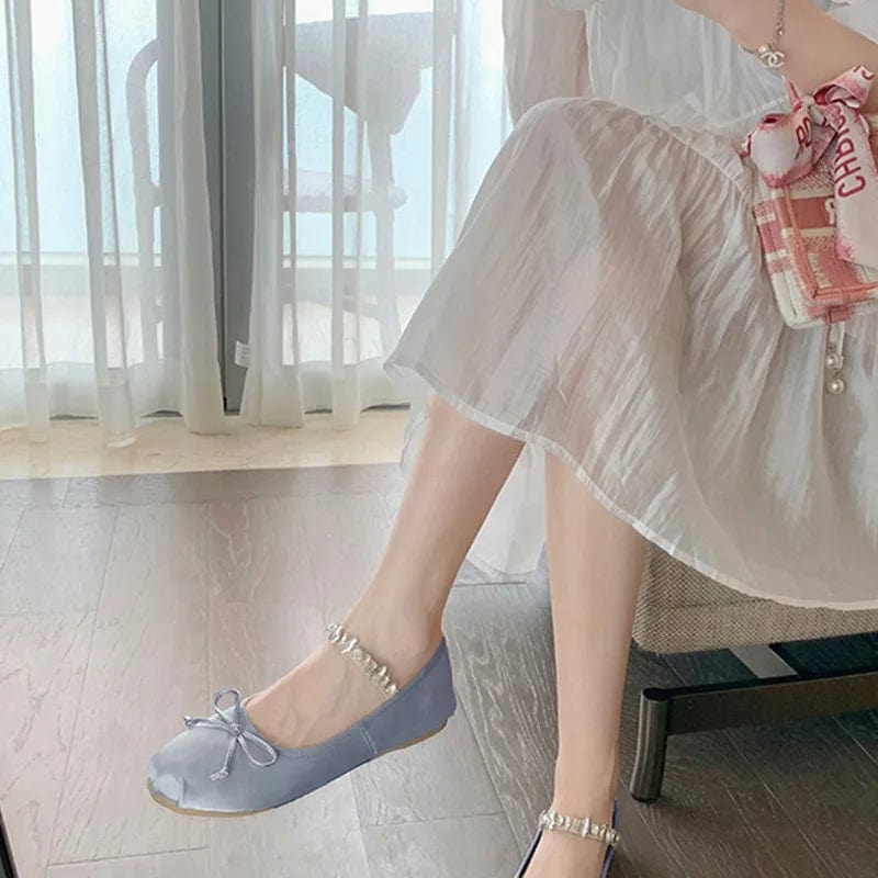 Round toe flat bottom ballet shoes super soft women shoes 2023 large size 43 rhinestone satin bowknot daily Mary Jane Flats