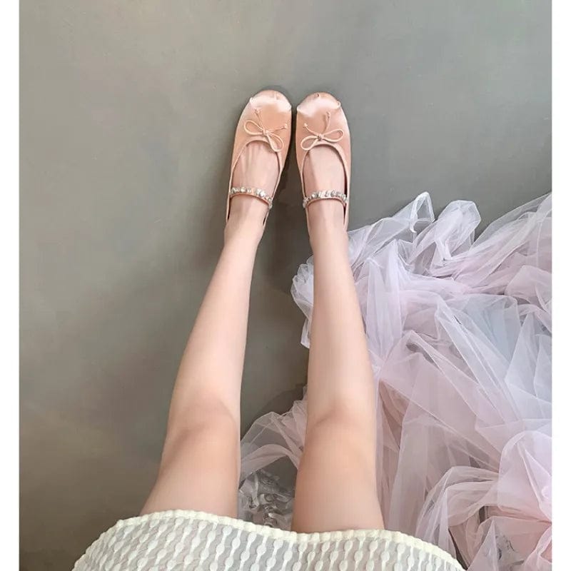 Round toe flat bottom ballet shoes super soft women shoes 2023 large size 43 rhinestone satin bowknot daily Mary Jane Flats