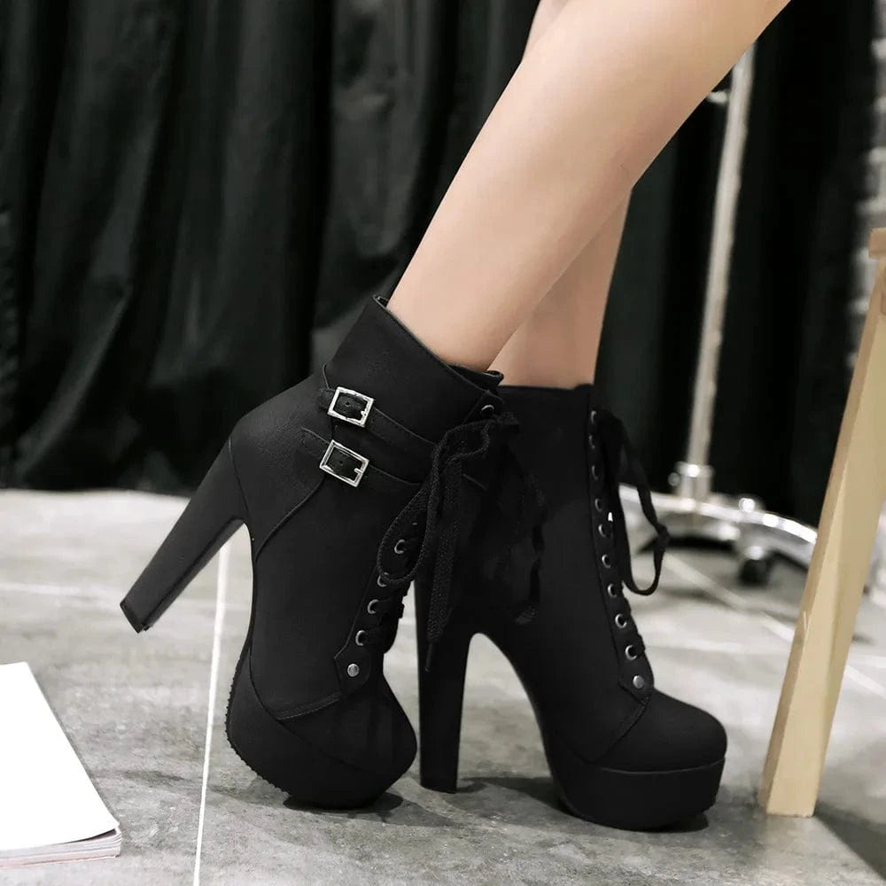 Round Toe PU Leather Platform Lace Up Ankle Boot Plus Women Martin Boots Sexy Ladies High Heel Shoes