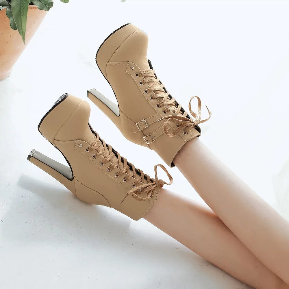 Round Toe PU Leather Platform Lace Up Ankle Boot Plus Women Martin Boots Sexy Ladies High Heel Shoes