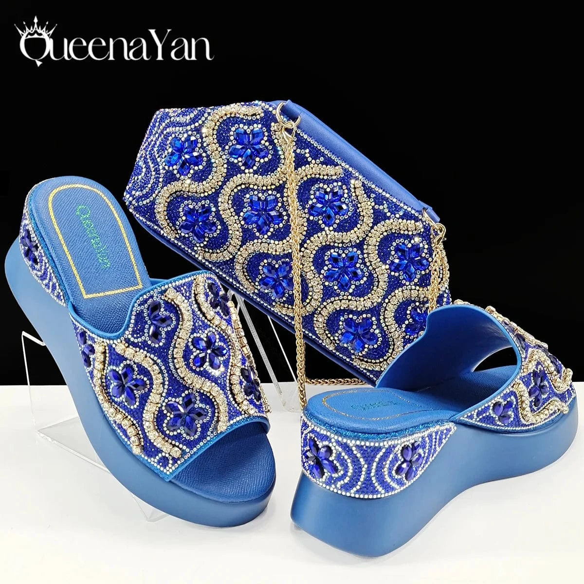 Royal Blue / 40 / CHINA Queena Yan High Quality 2025 Newst Hot Selling Open Toe Slingback Sandals with Bag Set in Green Color For Women Wedding Party