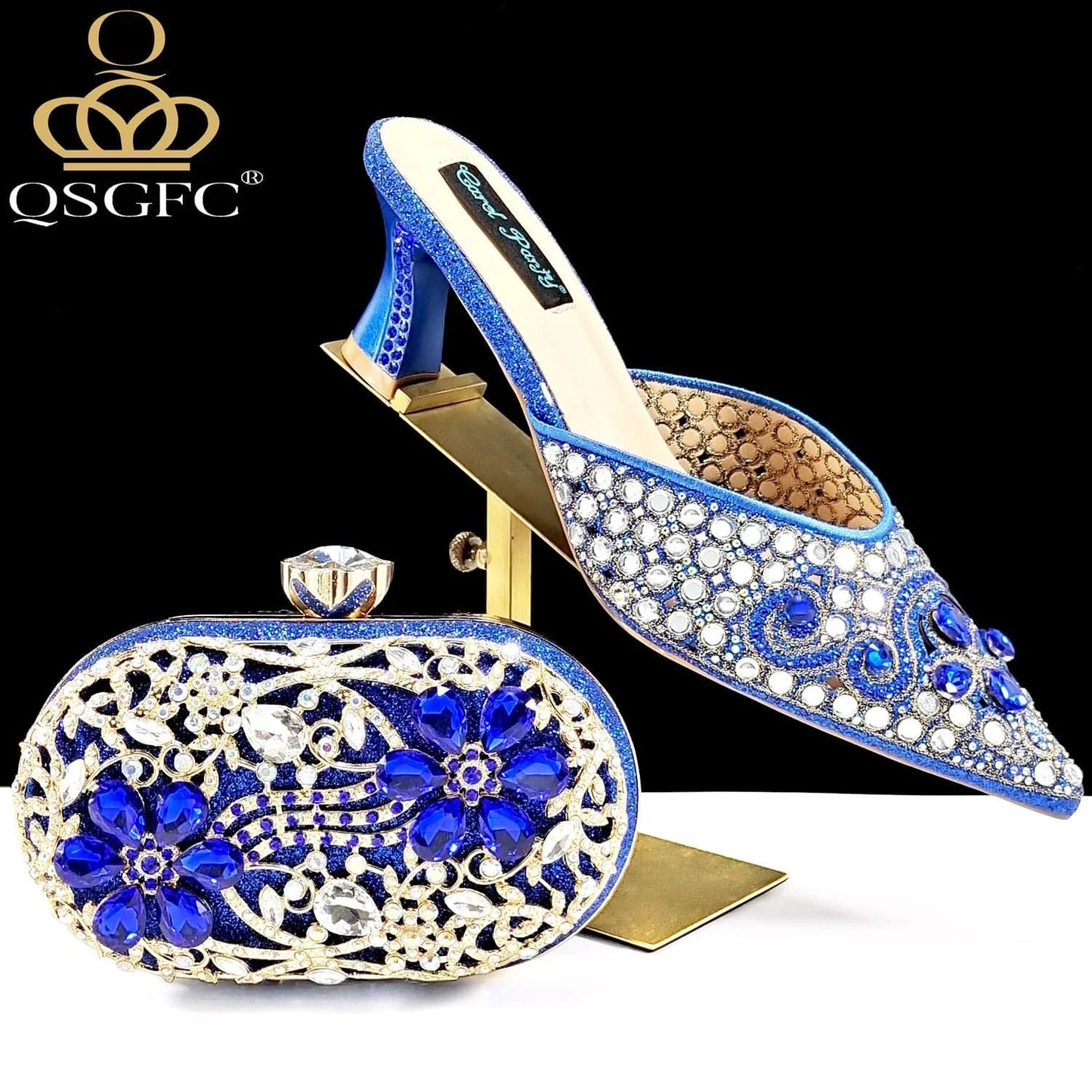 ROYAL BLUE / 43 / CHINA QSGFC New Design Specials Italian Women Heels Shoes and Bag in Pink Color Comfortable Heels With Rhinestone for Part