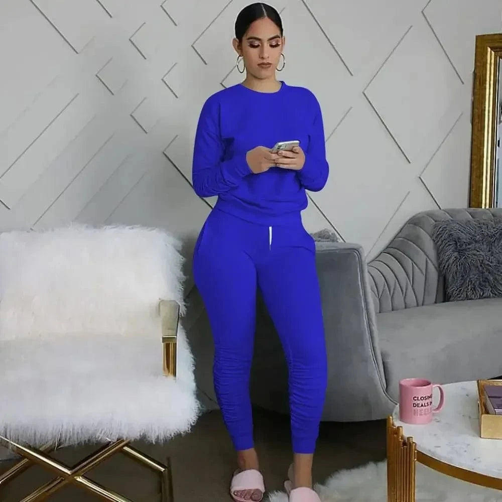 ROYAL BLUE / XXL New round Neck Long Sleeve Slim Fit Warm Top Elastic Waistband Lace-up Trousers Simple Solid Color Sports Two-Piece Set