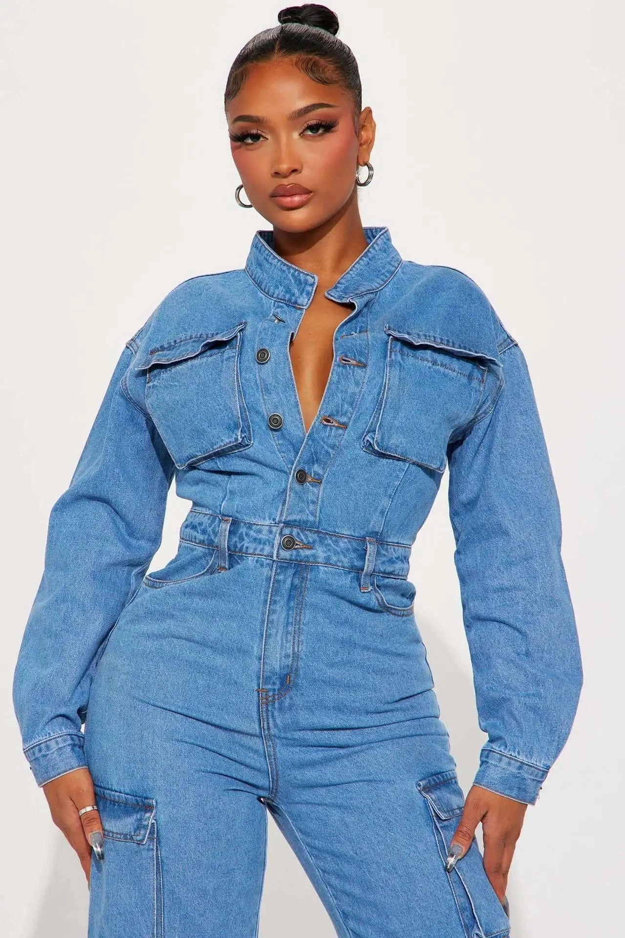 RTS Knitted Solid Color Bodycon Tight Waist Long Sleeve Casual Cargo Women Denim Jumpsuits