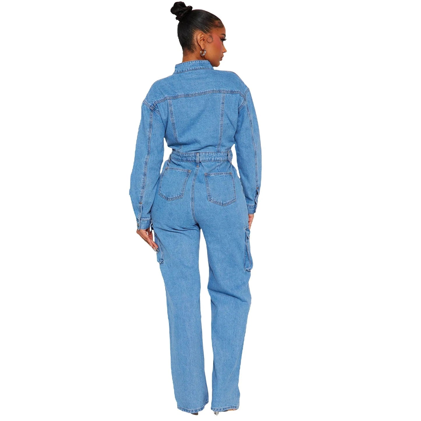 RTS Knitted Solid Color Bodycon Tight Waist Long Sleeve Casual Cargo Women Denim Jumpsuits