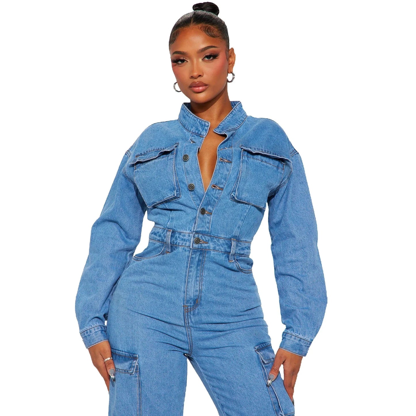 RTS Knitted Solid Color Bodycon Tight Waist Long Sleeve Casual Cargo Women Denim Jumpsuits