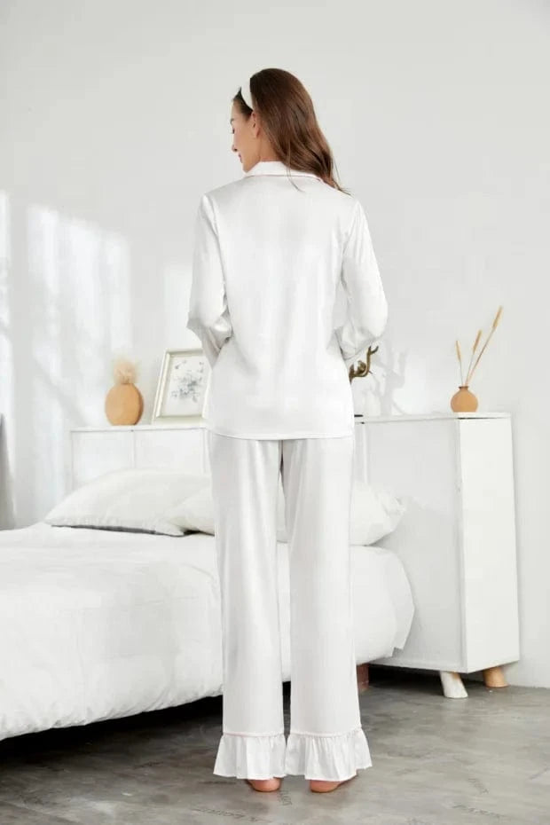 Ruffle Pajama Girls Luxury 2024 Summer High Quality Silk White Pajama Night With Headband White Pajama Set