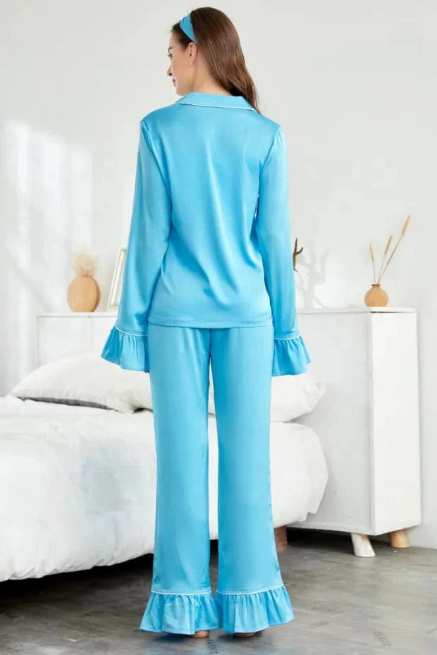 Ruffle Women'S Pajamas 2024 Summer Custom High Quality Silk Blue Ladies Pajamas With Headband Womens Blue Pajama Sets 2 Piece