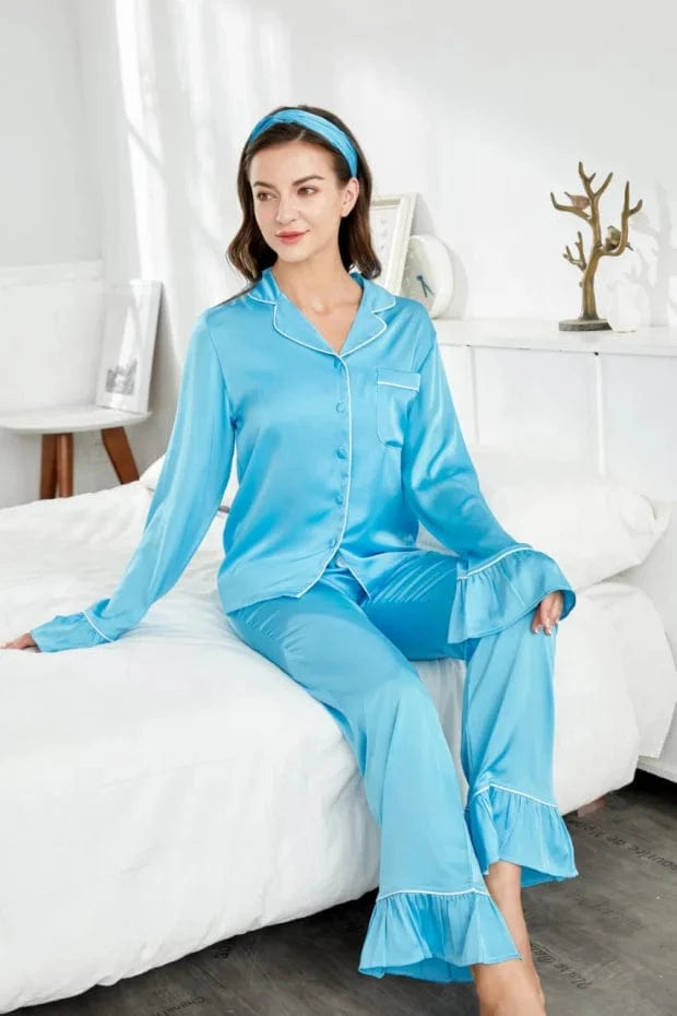 Ruffle Women'S Pajamas 2024 Summer Custom High Quality Silk Blue Ladies Pajamas With Headband Womens Blue Pajama Sets 2 Piece