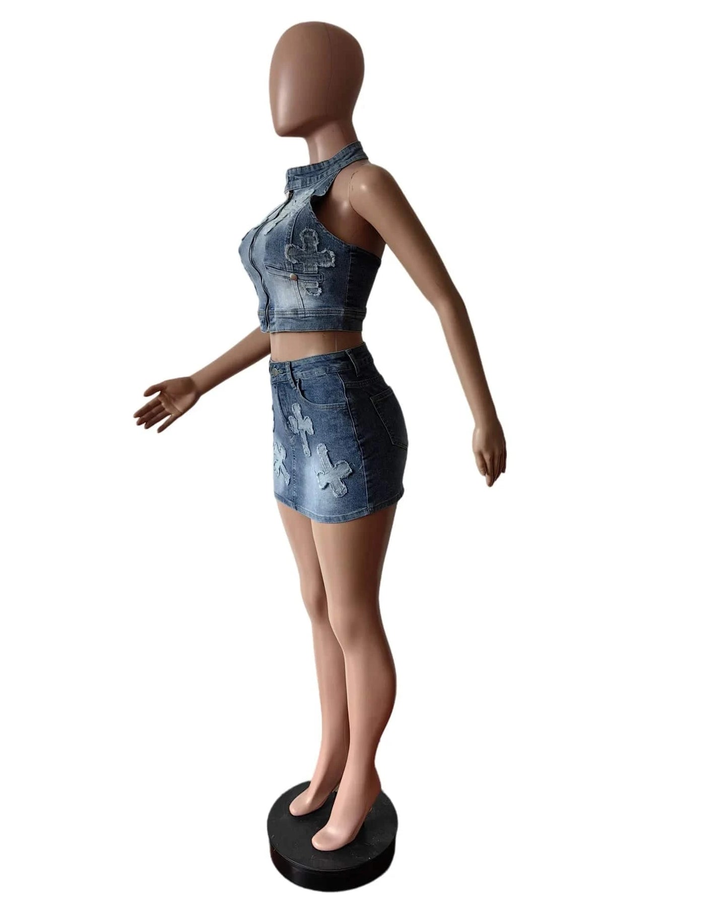 Ruffles Jeans Skirt Outfit Set Sexy Women Halter Elegant Two Pieces Denim Club Matching Set Top+Mini Skirt