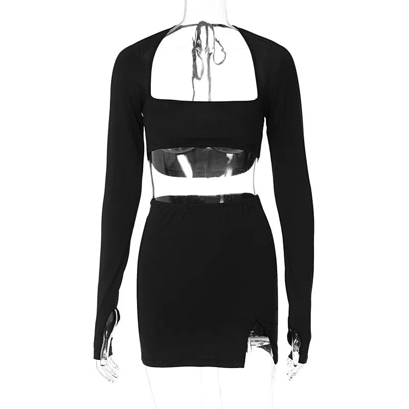 S / 1 Long Sleeve Square Neck off shoulder Crop Top Bodycon Mini Club sexy Party highwaist slit Skirt 2 Piece Sets outfit for women