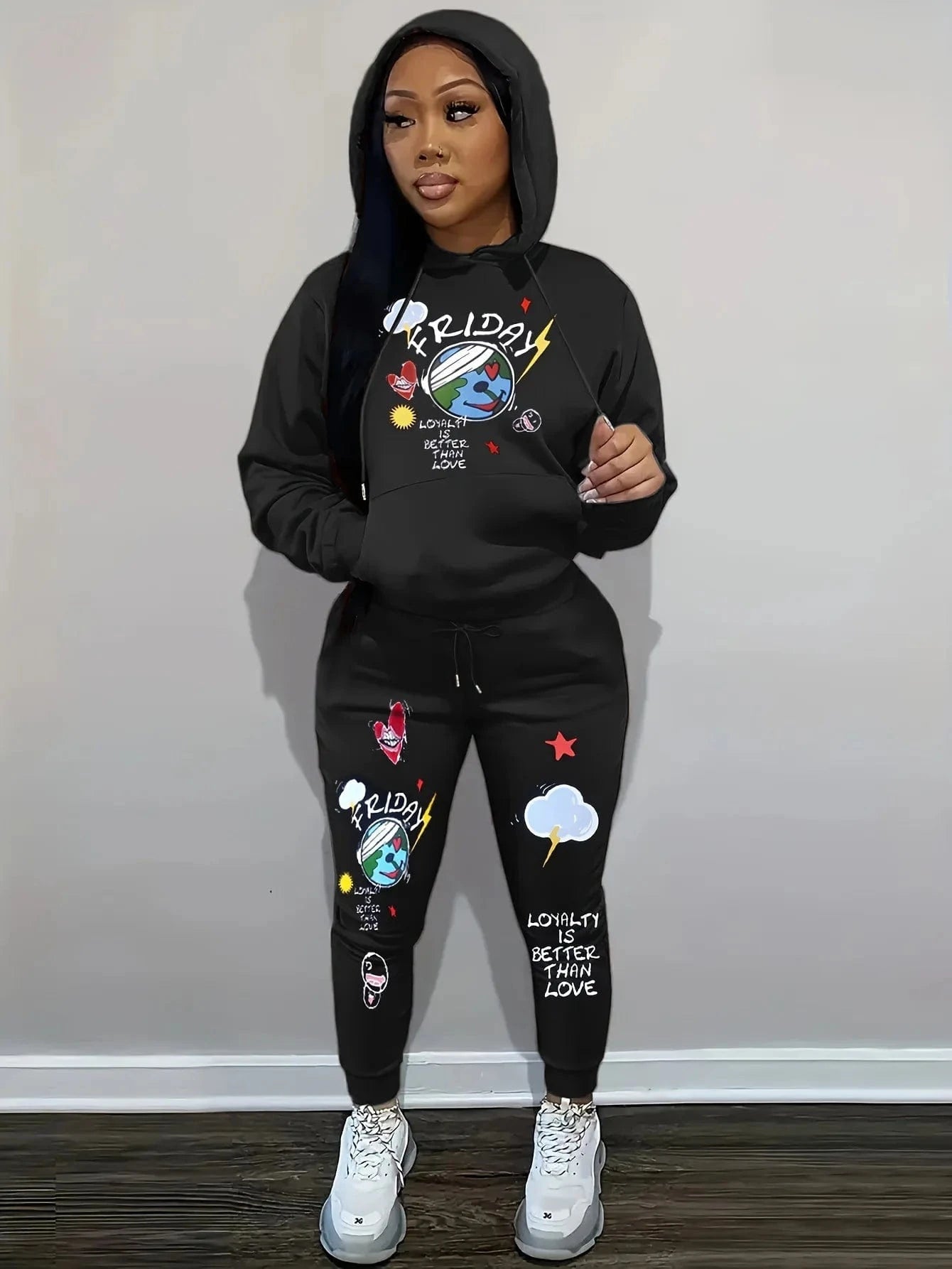 S / 1 womens two piece jogger hoodie set printed fashion slim fit sweatpants and hoodie set