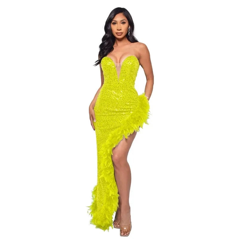 S / #13 Womens Strapless Sequin Feather Dress For Women Elegant Sleeveless Long Bodycon Prom Evening Dresses