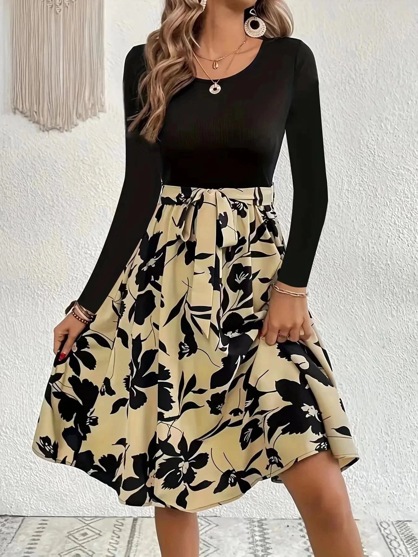 S / 2 2024 Spring and Autumn New Fashion Simple Printed Long Sleeve Round Neck Mid-Waist Strap Skirt Women's Dress