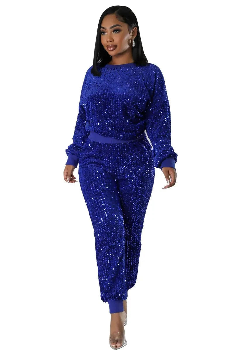 S / 2 8682 Fashion Lounge Wear Sequin Sweatsuit Two Piece Pants Set Sequin Round Neck Pullover Shirt Tracksuit 2 Piece